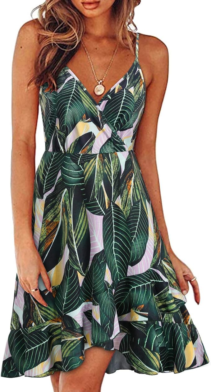 ULTRANICE Womens Summer Floral Wrap V Neck Adjustable Dress