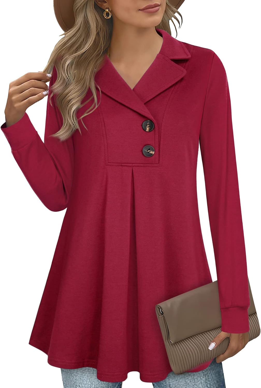 Gaharu Women's Swing Tunic Notch Collar Long Sleeve Pullover