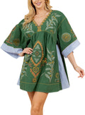 Womens Oversized Embroidered Babydoll Dress with V-Neck and 3/4