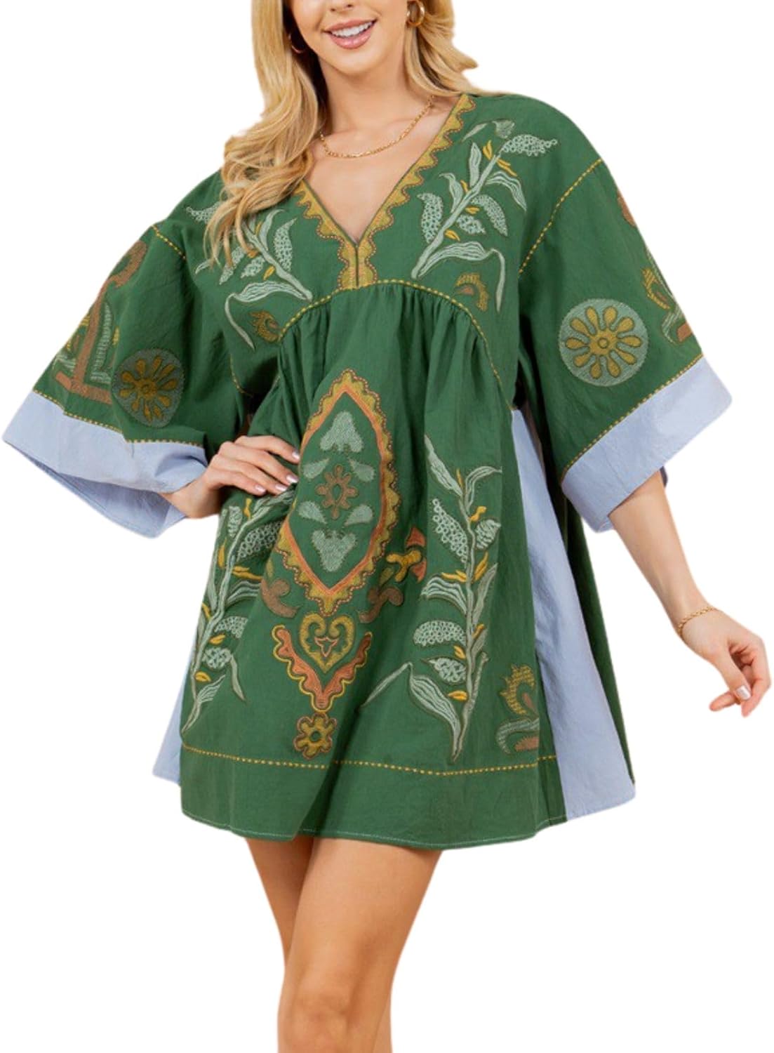 Womens Oversized Embroidered Dress with V-Neck and 3/4 Sleeves