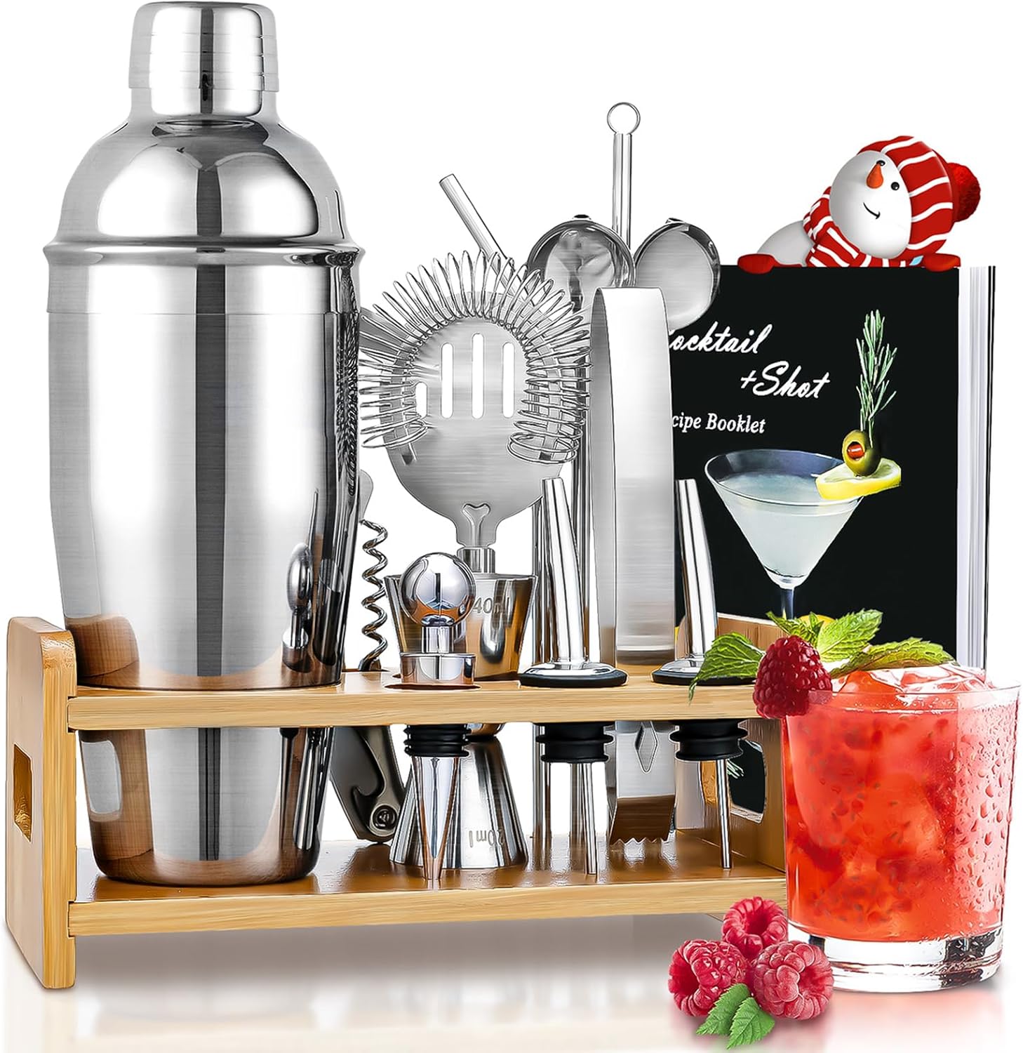 Godmorn 15Pcs Cocktail Shaker Set - Stainless Steel Martini Shaker with Bamboo Stand