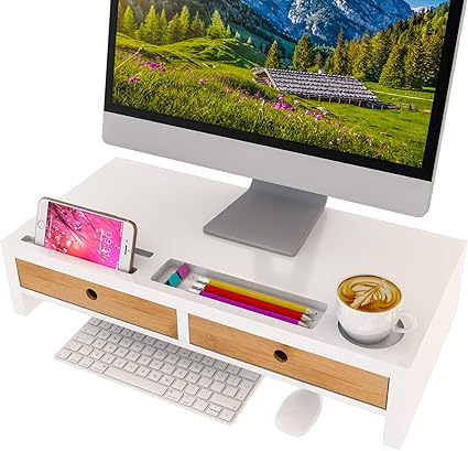 Computer Monitor Stand with Drawers - White Wood Desk Organizer