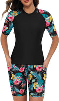 Tournesol Women's Two Piece Rash Guard Short Sleeve Swim Shirt Set Bra