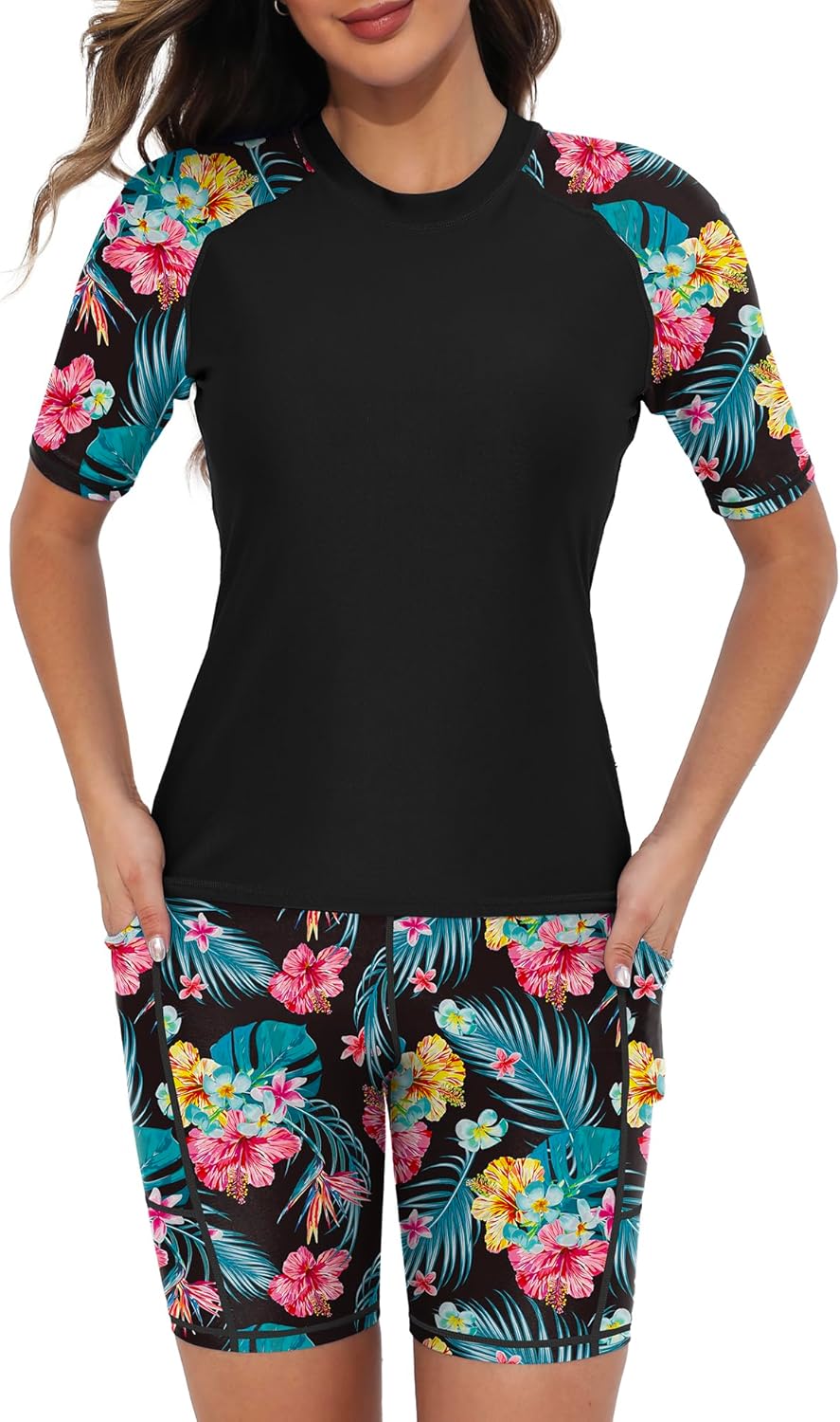Tournesol Women's Two Piece Rash Guard Swim Set with Pockets