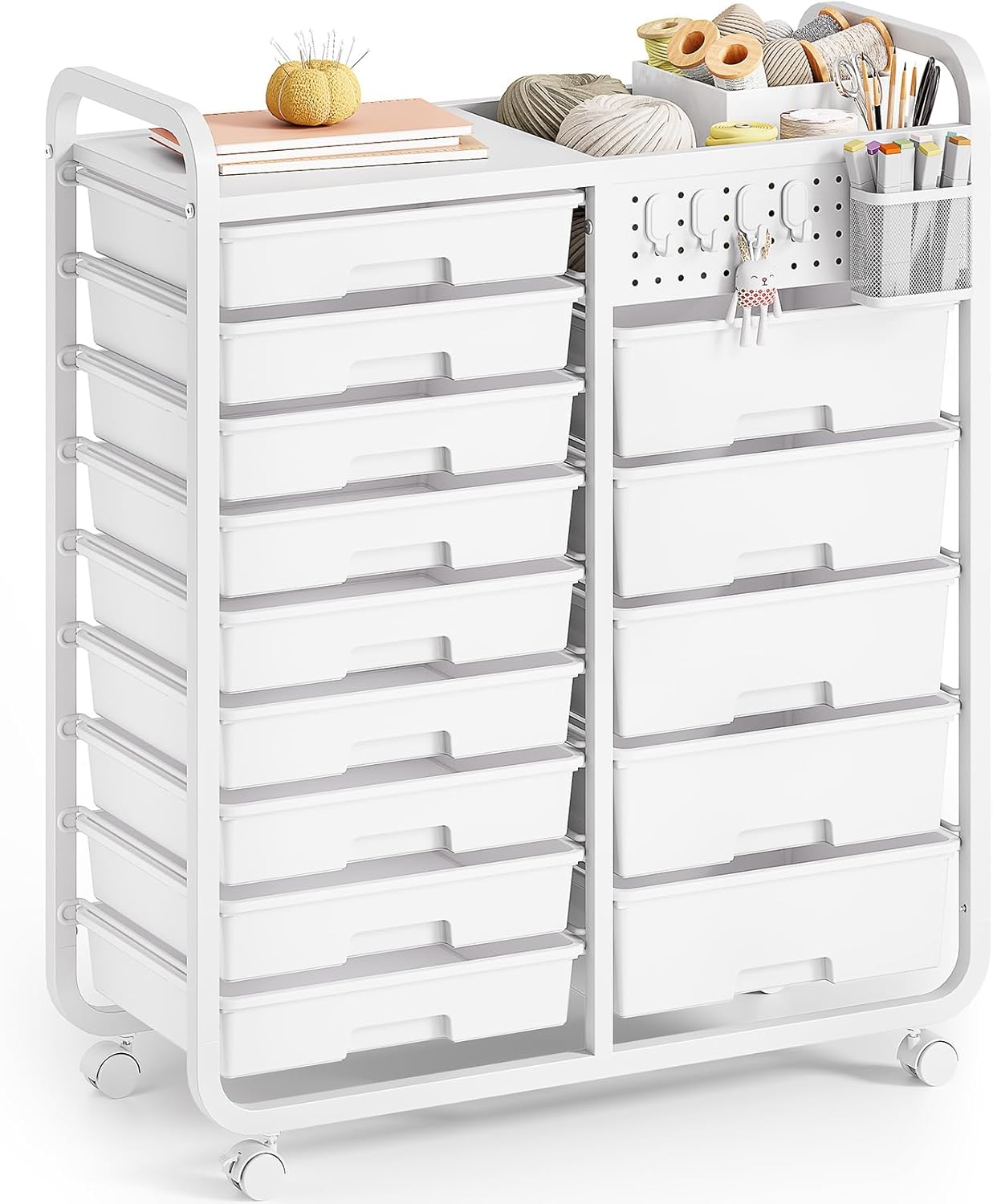 14 Drawer Rolling Cart with Tabletop & DIY Pegboard for Storage
