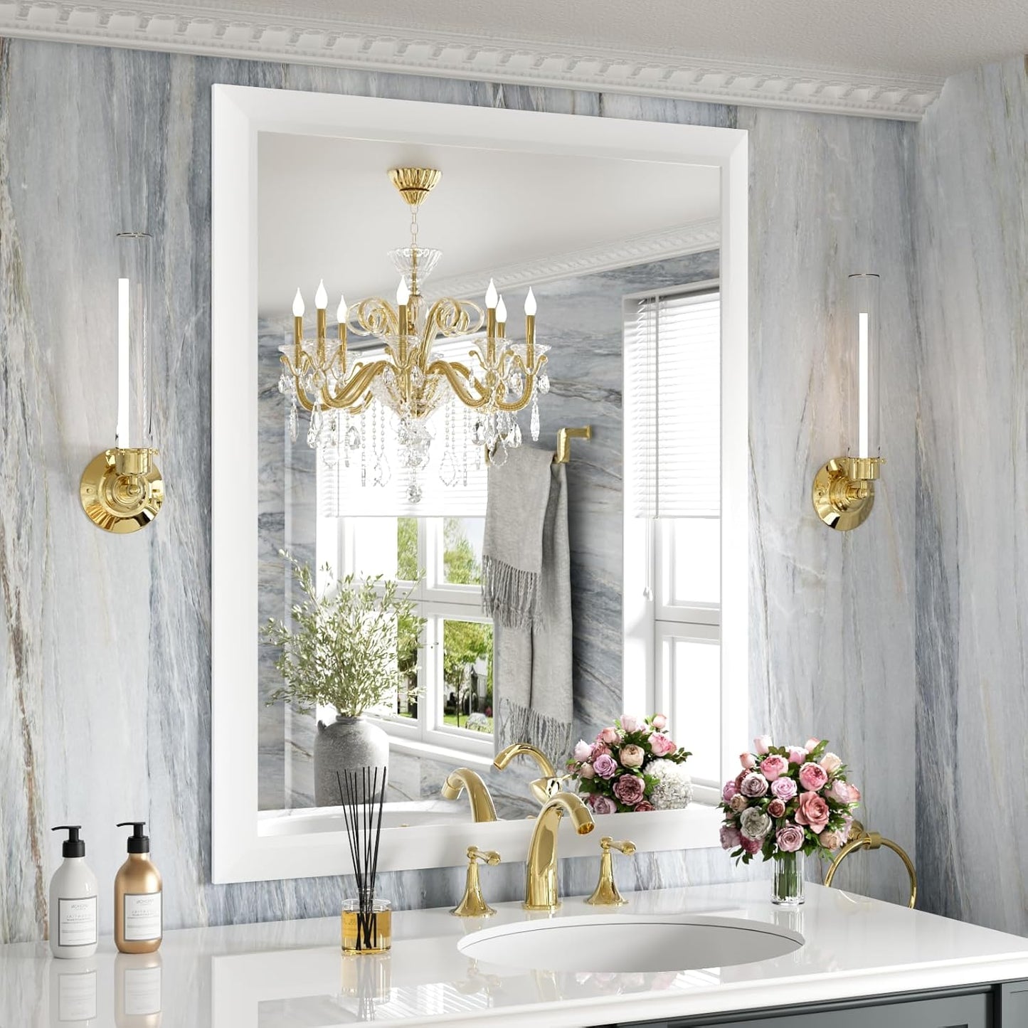 Amorho Bathroom Mirror 28x36 Inch Thick Metal Framed Design