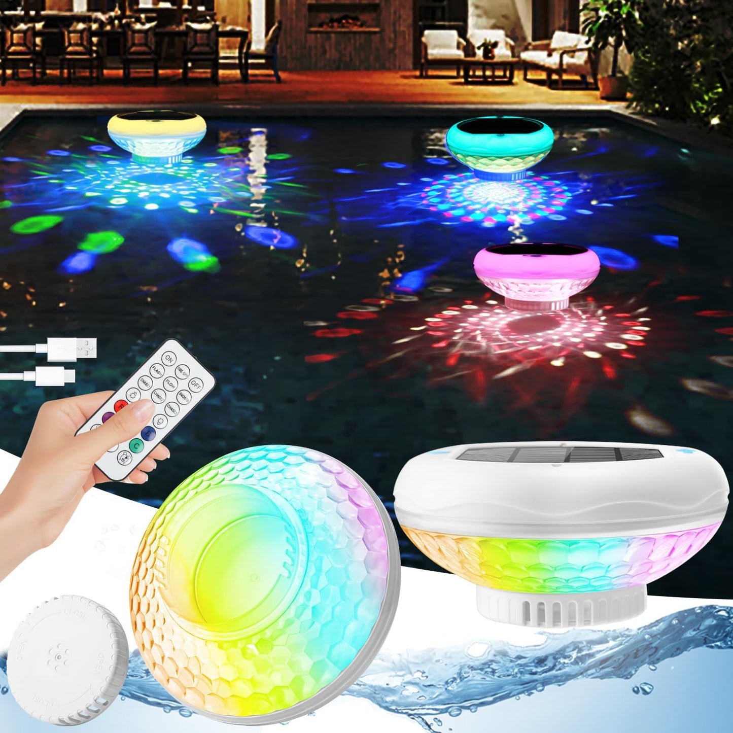 Solar Pool Chlorine Floater with USB Rechargeable Lights 4 Pack