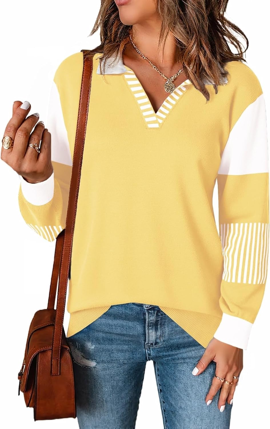 LOMON V Neck Long Sleeve Loose Sweaters for Cozy Style