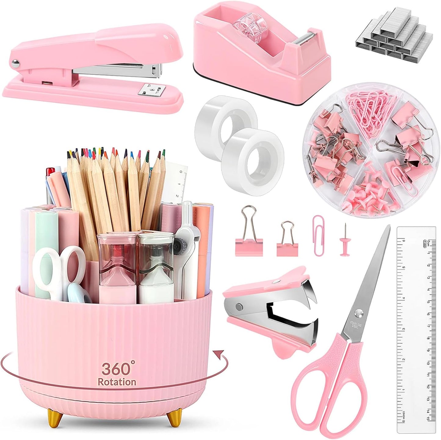SKYDUE Pink Desk Set | 360-Degree Rotation | Office Supplies