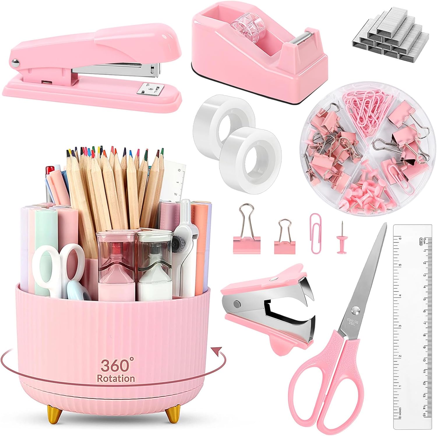 SKYDUE Pink Desk Set | 360-Degree Rotation | Office Supplies