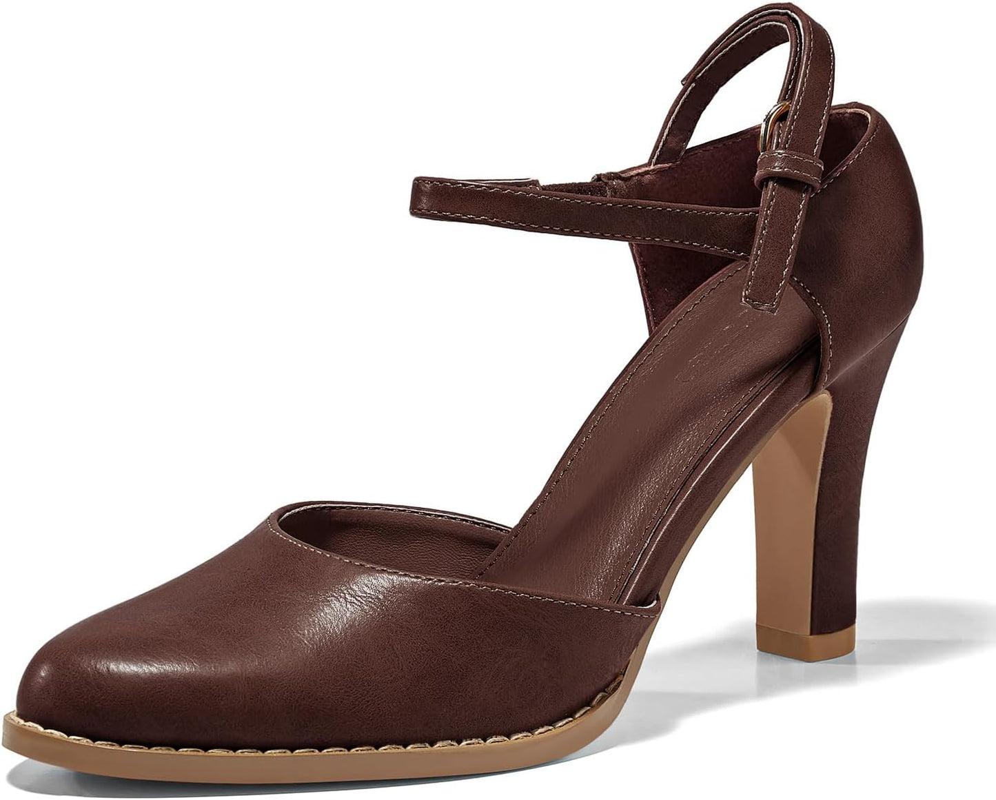 Coutgo Womens Chunky High Heels Closed Pointed Toe Ankle Strap Pumps