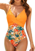 One Piece Swimsuit for Women V Neck Push Up Floral - Plunging Fit