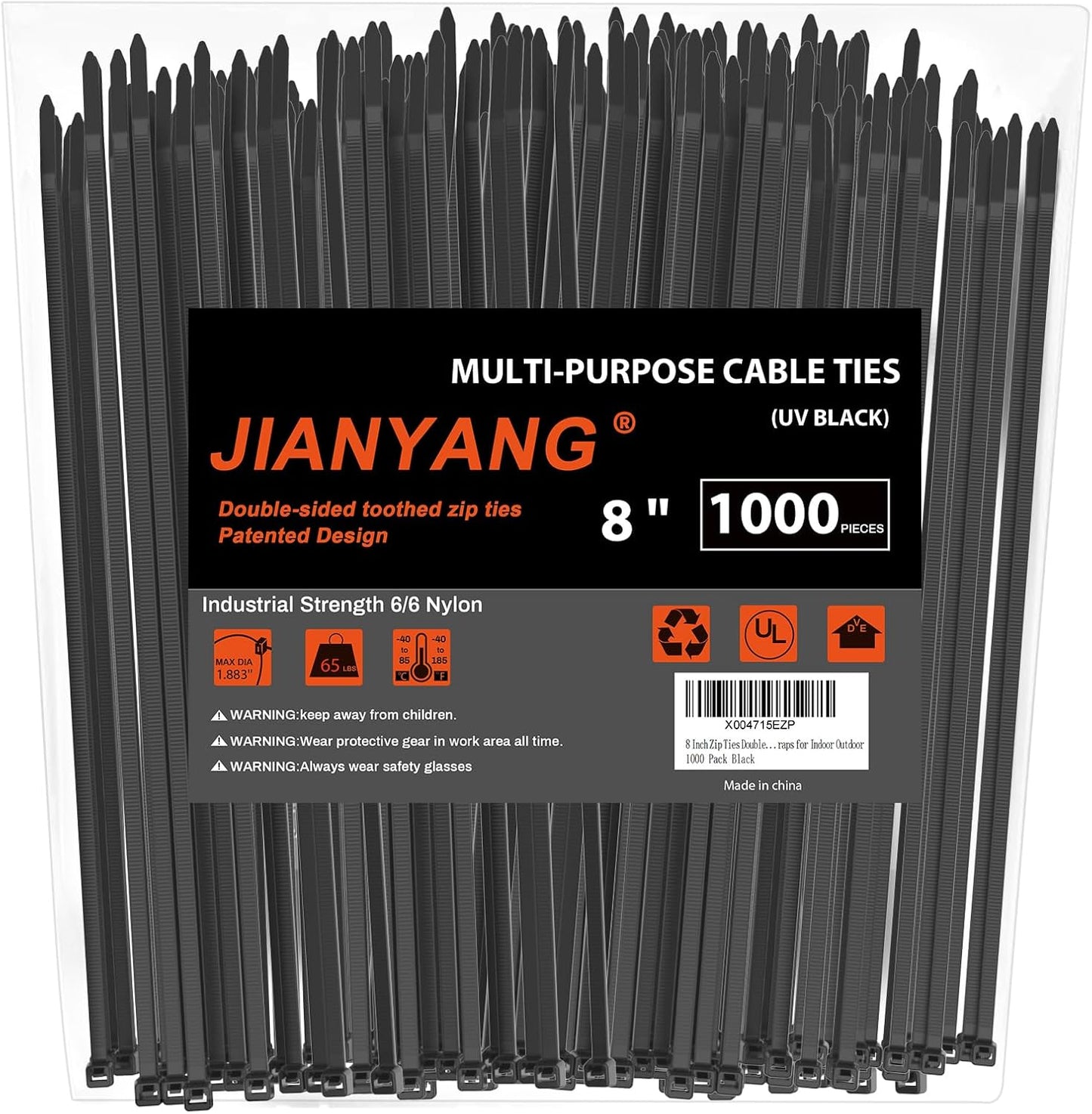 JIANYANG 8 Double Toothed Nylon Ties (1000-Pack) - Strong, Self-Locking Cable Wraps