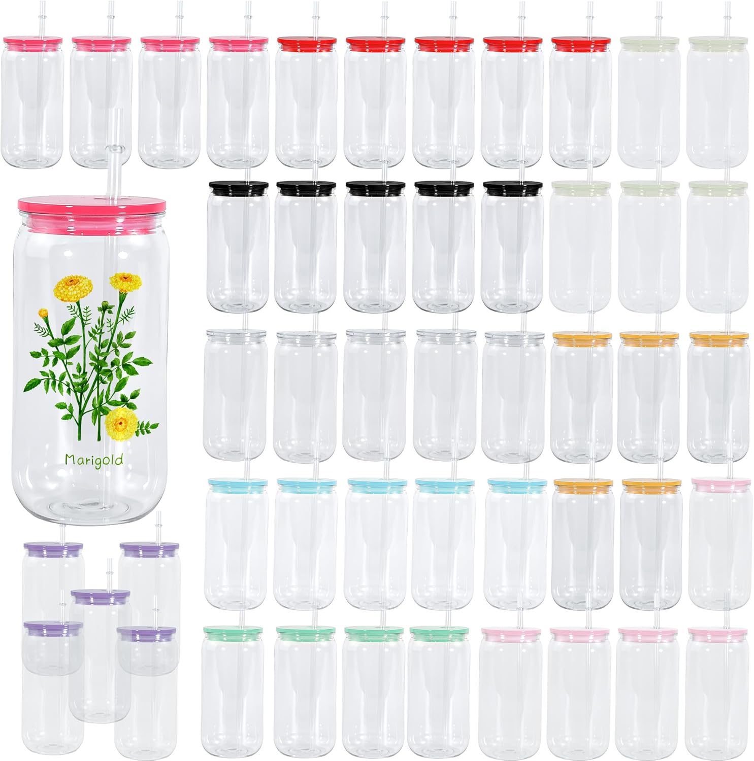 16 oz Acrylic Mason Jar Cups - 50 Pack Clear Plastic Jars