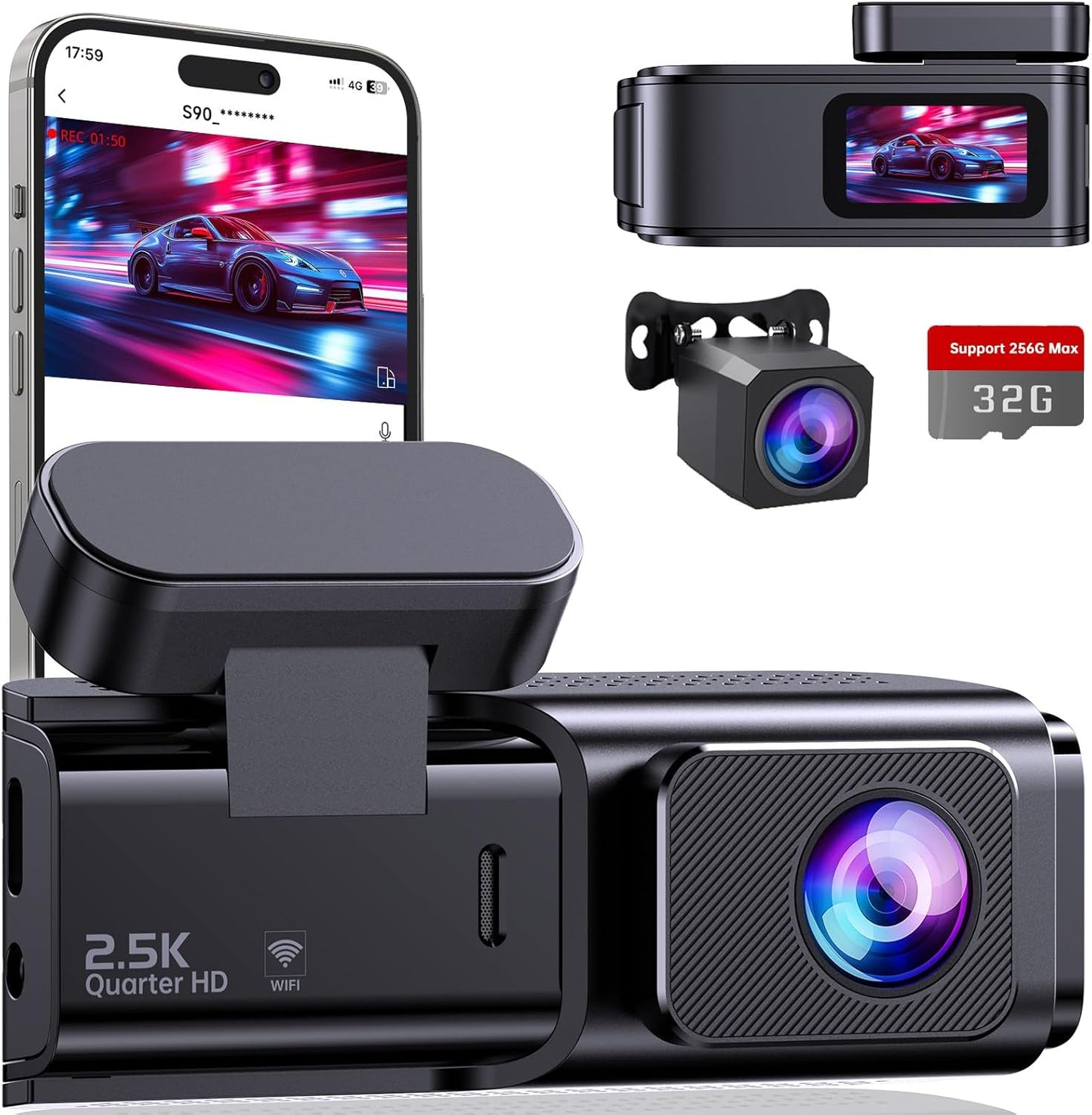Ecomoment Dual Dash Cam: 2.5K+1080P, Wi-Fi, Night Vision