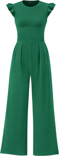 Summer Jumpsuits for Women Rib Knit Ruffle Cap Sleeve - Slim Fit