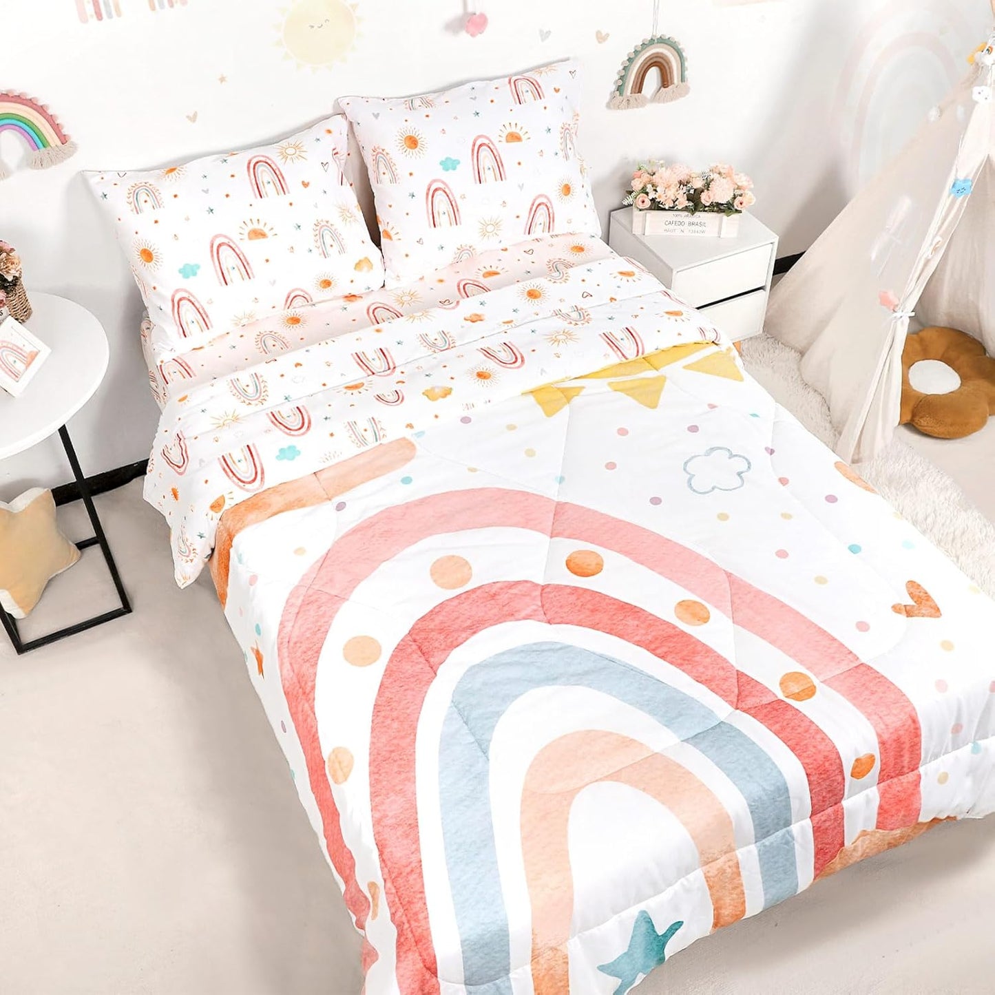 Twin Size Toddler Bedding Set for Girls - Rainbow Comforter