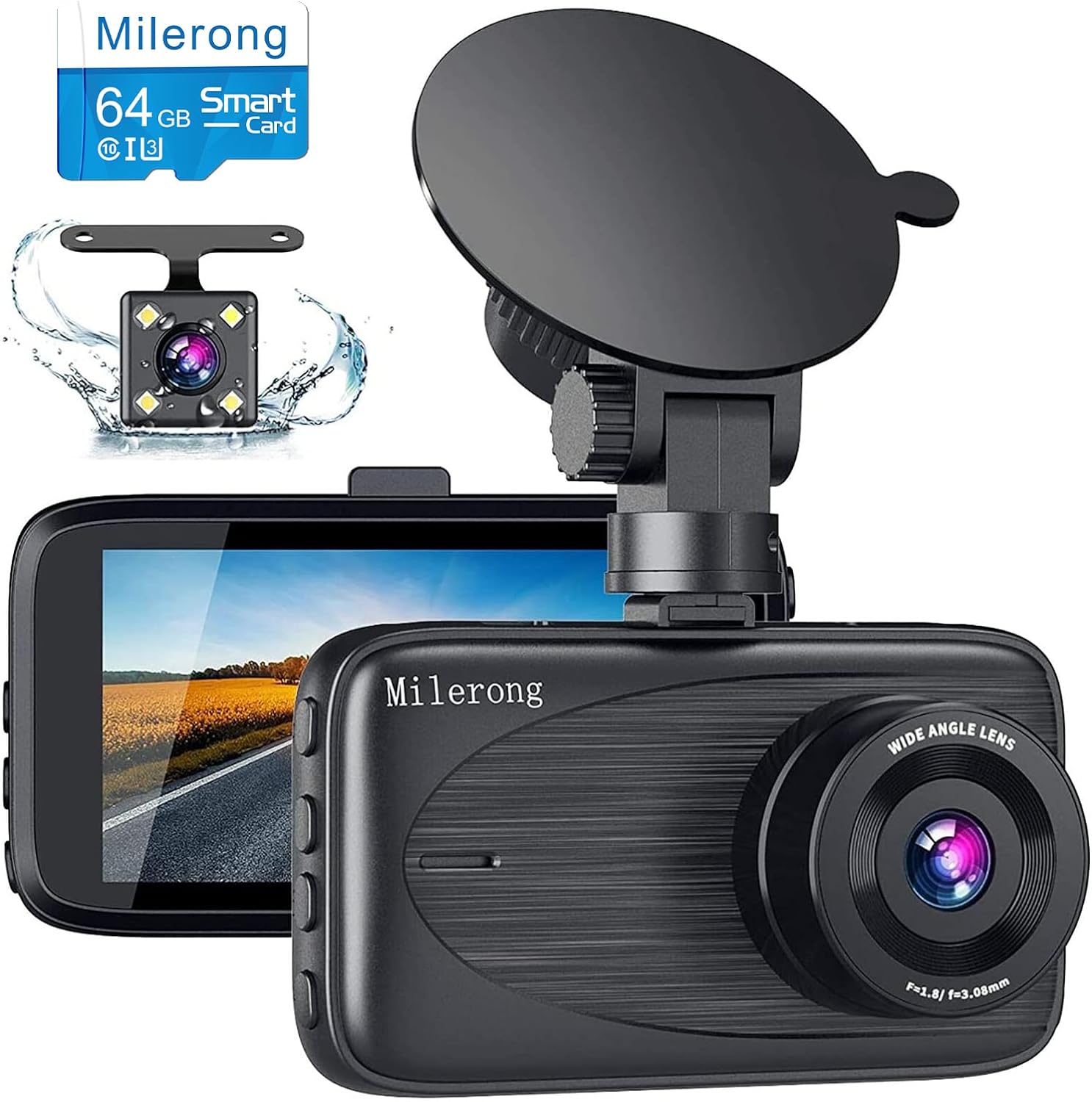 Milerong 1080P FHD Front & Rear Dash Cam - Full Coverage, Night Vision