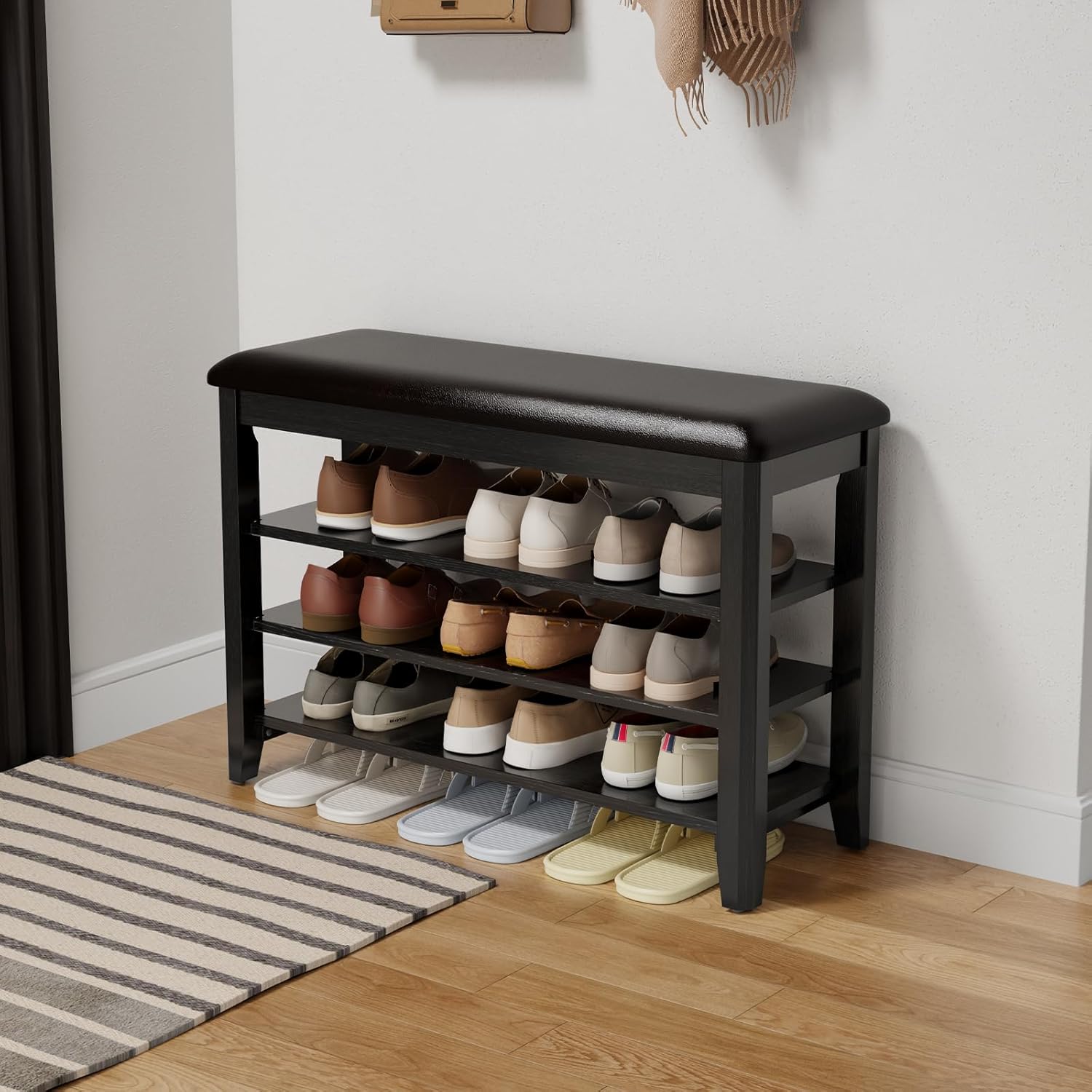 Shoe Bench with Leather Cushion and 3-Tier Storage Design