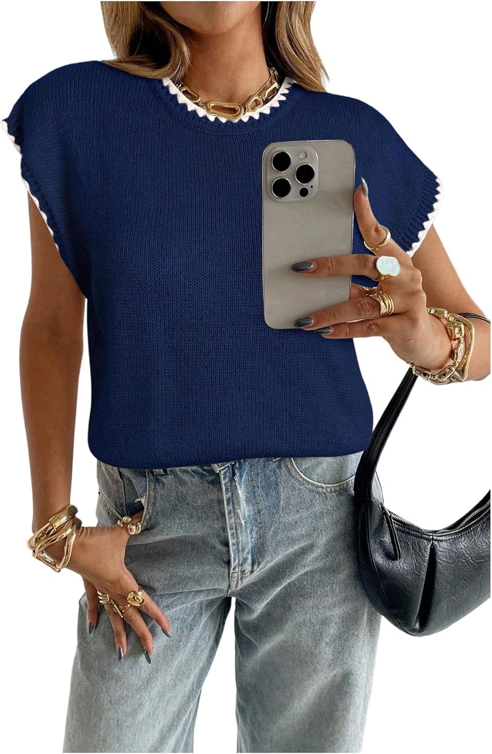 SOLY HUX Women's Ribbed Sweater Crew Neck Short Sleeve Knitwear