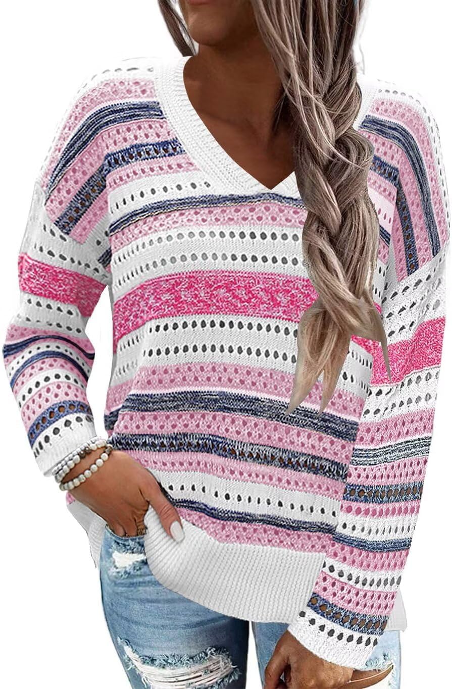 FEKOAFE Women's Fall Striped Color Block V Neck Knit Sweater