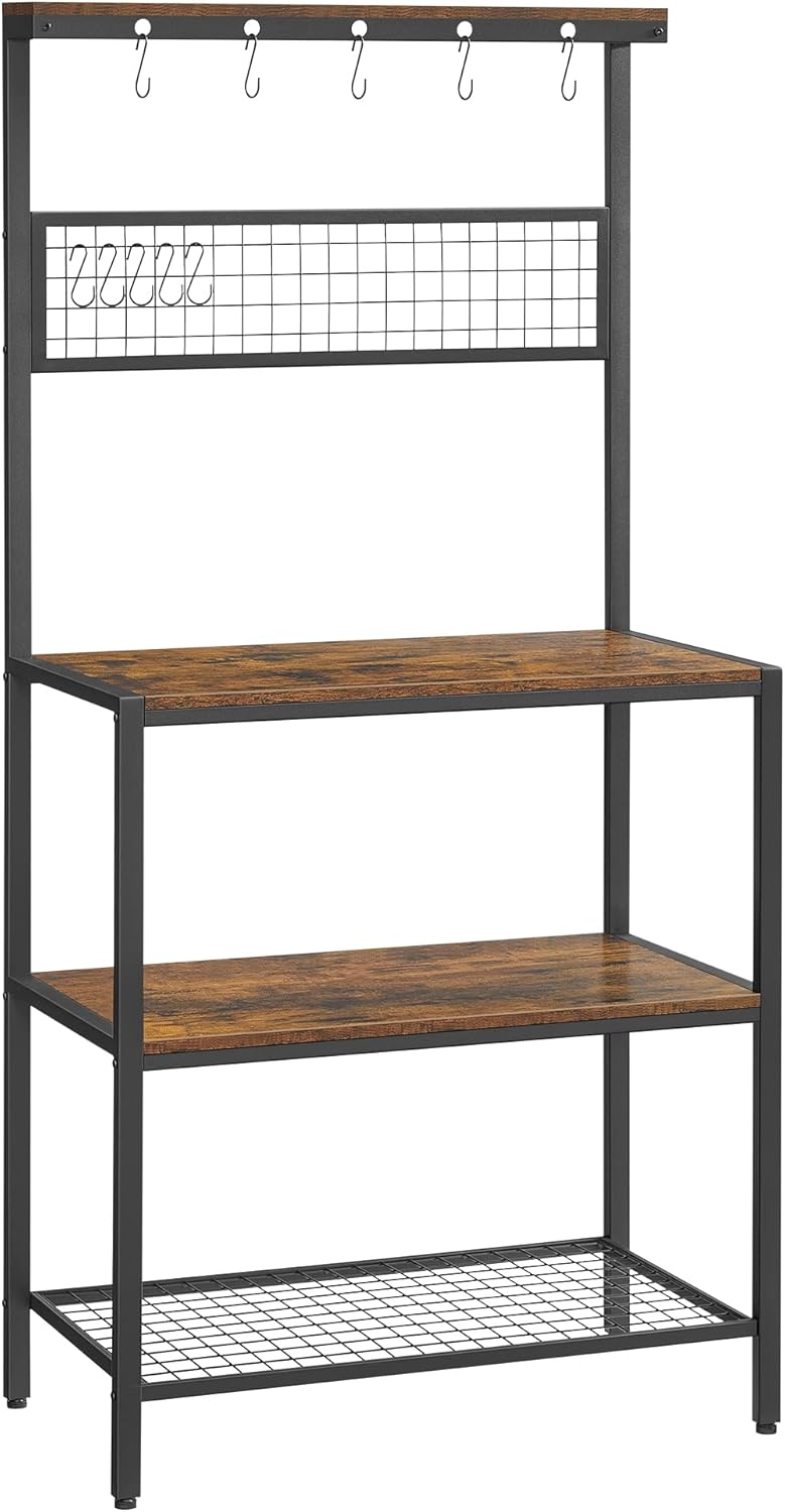 VASAGLE Bakers Rack with 3 Shelves and 10 Hooks for Kitchen