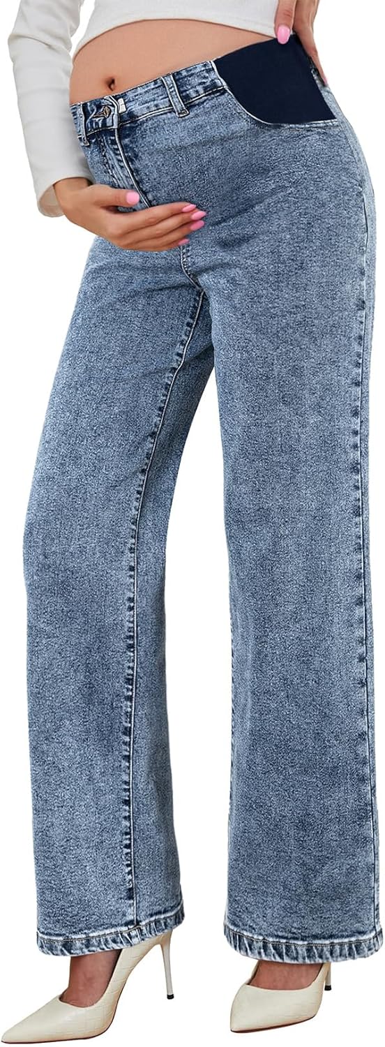 BLENCOT Maternity Jeans for Women High Waist Straight Leg Pants