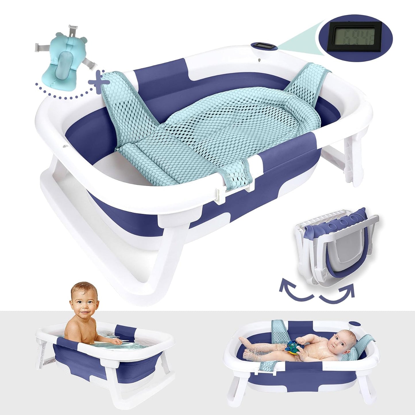 BEBELEHTM Collapsible Baby Bathtub with Thermometer for Infants