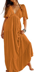 Kikibell Women V-Neck Maxi Dress - Flowy Tiered Backless Style