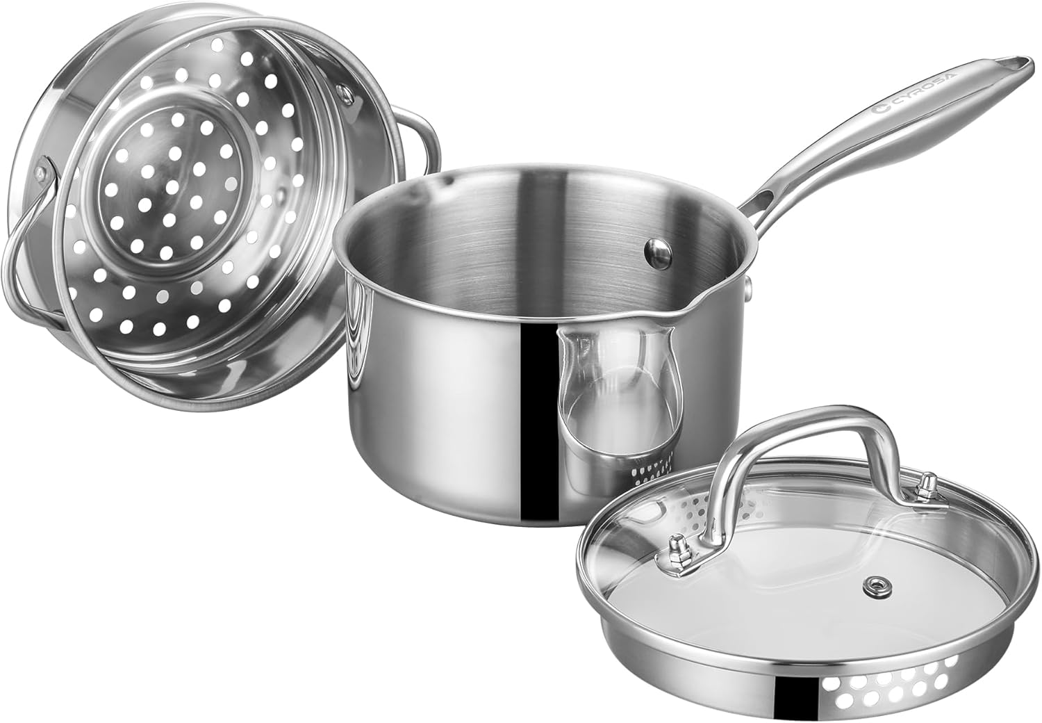 Tri-Ply Stainless Steel Sauce Pan with Steamer Basket for Cooking