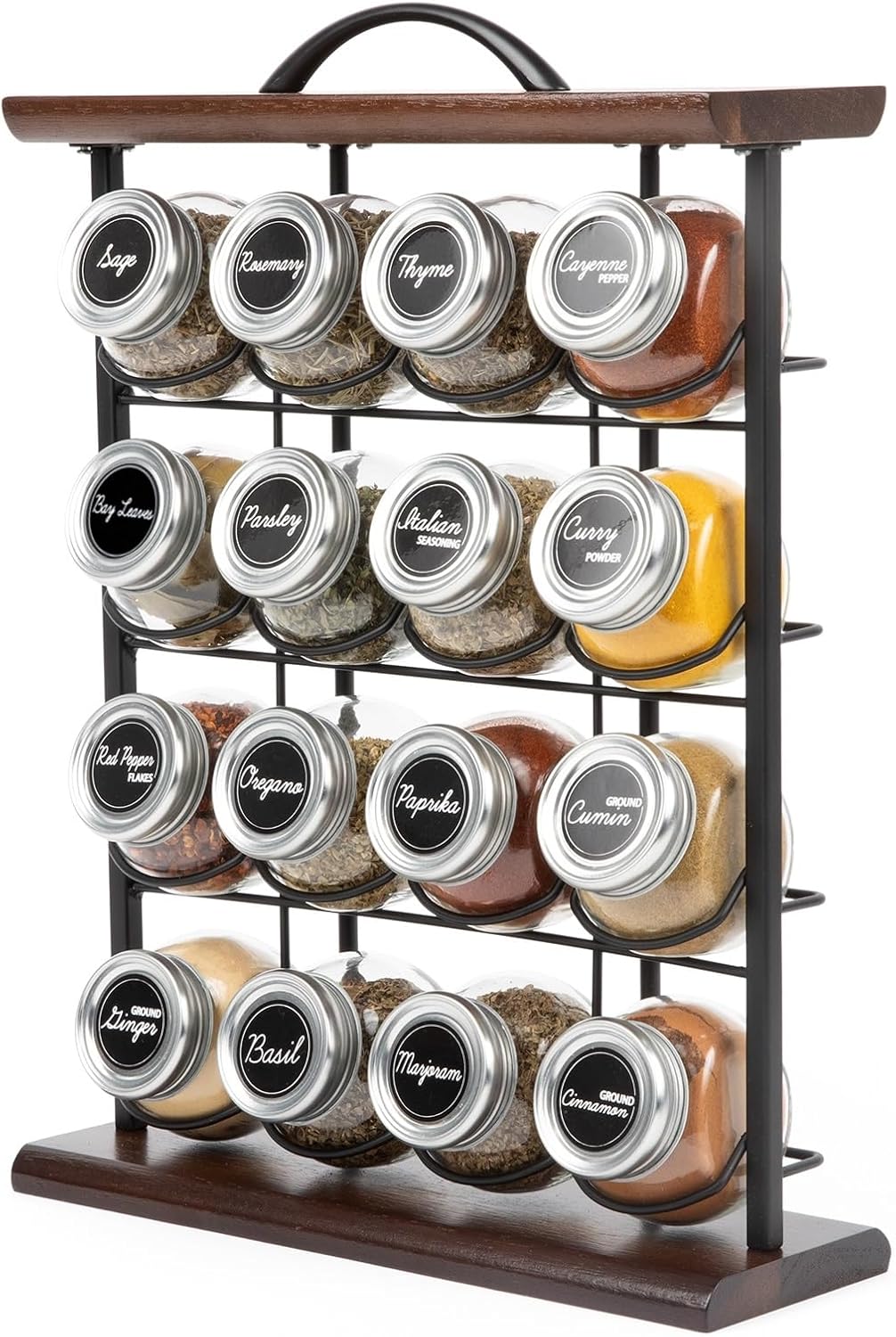 Orii 16 Jar Acacia Wood & Metal Wire Spice Rack for Kitchen