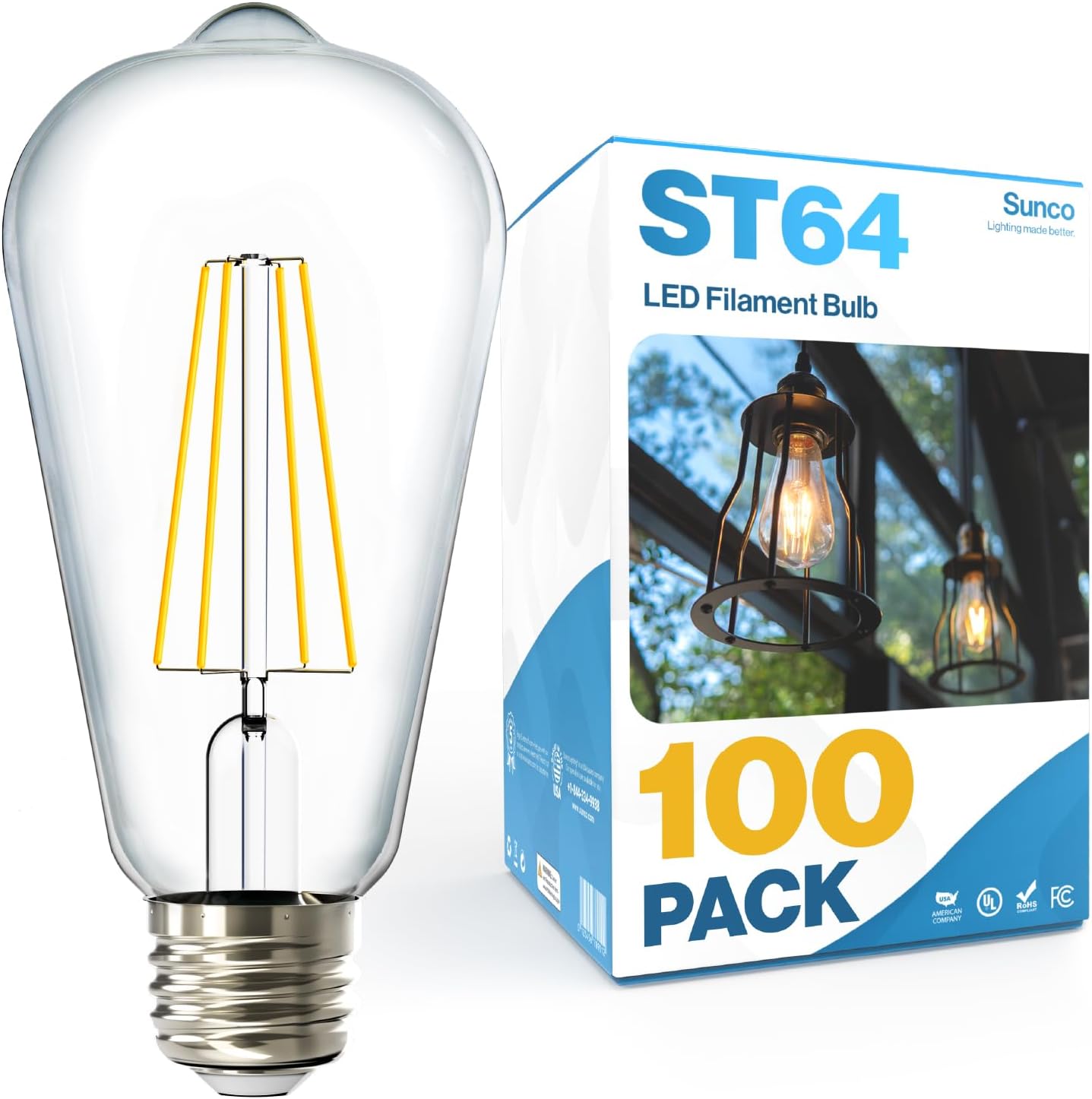 Sunco 100 Pack Edison Bulbs LED ST64 for Vintage Lighting
