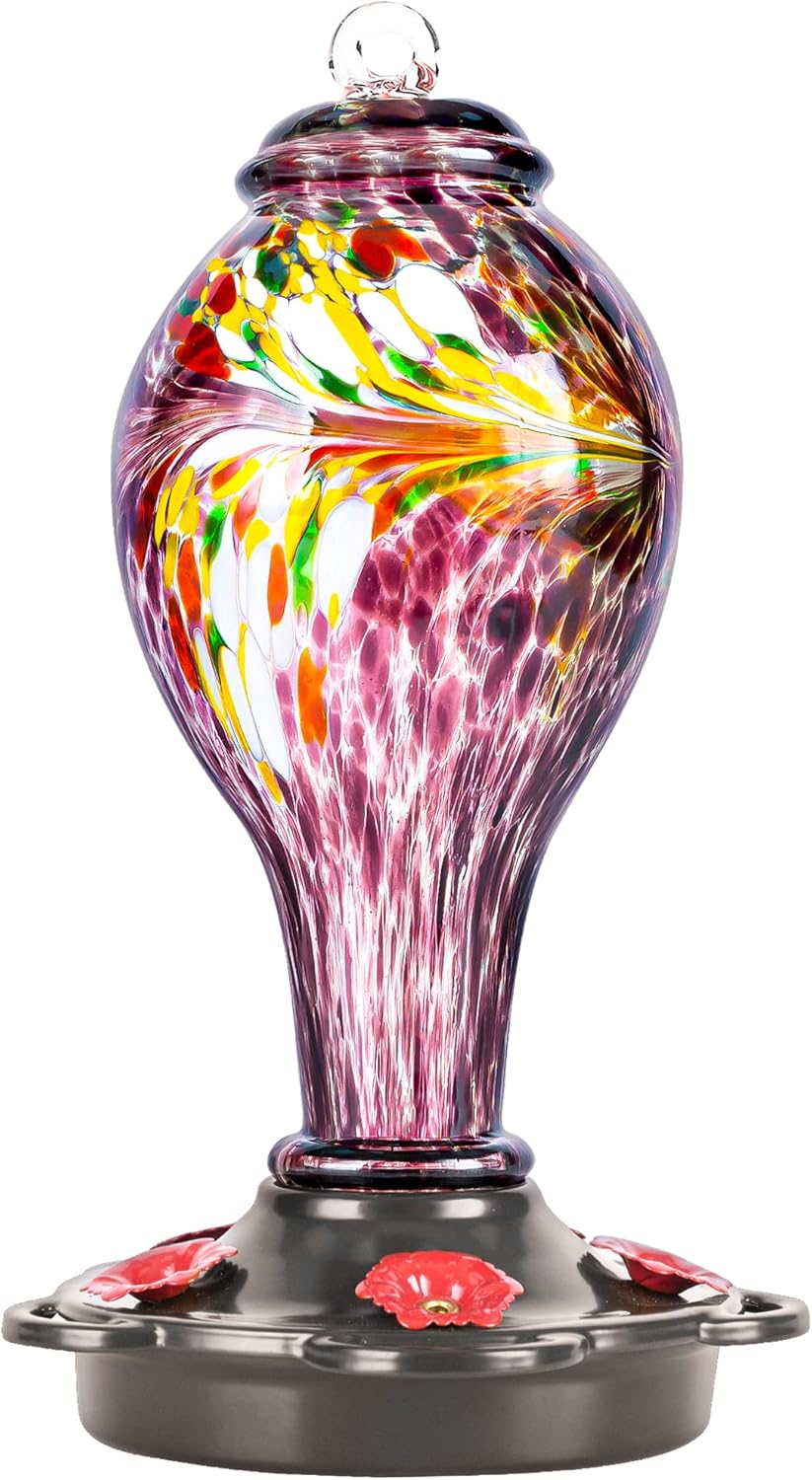 Hand Blown Glass Hummingbird Feeder with Ant Guard and Metal Base