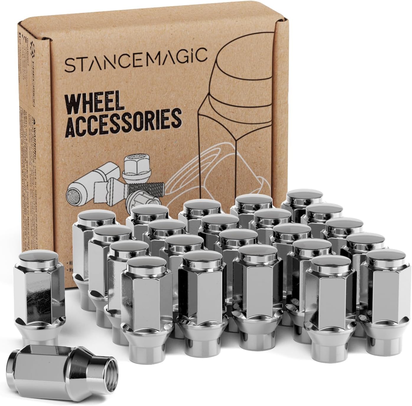 24pcs Chrome Silver Bulge Lug Nuts for 6Lug Vehicles - 1.75in