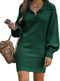 Women V Neck Knit Mini Fall Sweater Dress - Loose Ribbed Pullover