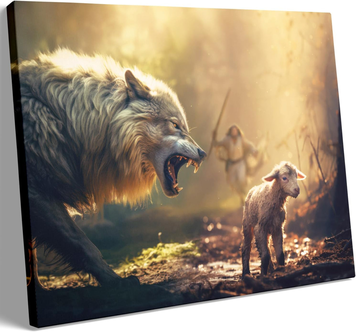 Christian Wall Art Jesus Running Towards Wolf and Lamb Decor