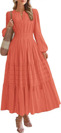 Fall Maxi Dress V Neck Long Sleeve Elastic Waist - Flattering Fit 4-6