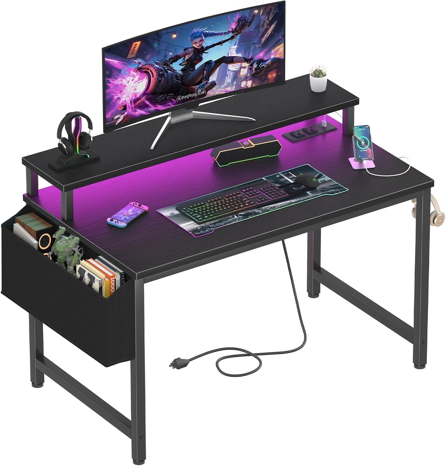 Lufeiya Small Desk with Power Outlets and LED Lights for Gaming