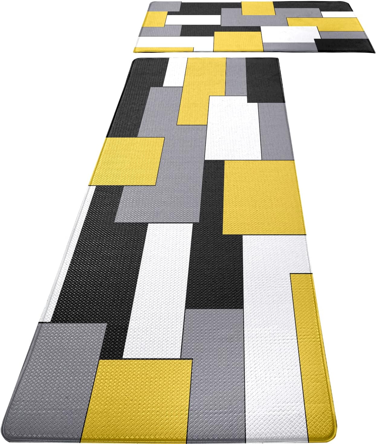 Yellow Black Grey White Kitchen Rugs Set of 2 Cushioned Mats
