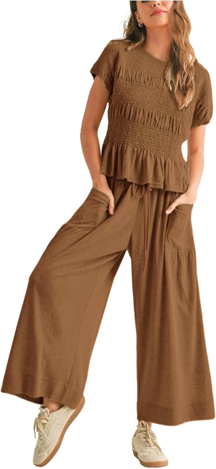 Womens 2 Piece Smocked Top Wide-Leg Pants Set for Casual Style