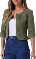 Allegra K Denim Jacket Collarless Crop Cardigan 3/4 Sleeve - Chic this