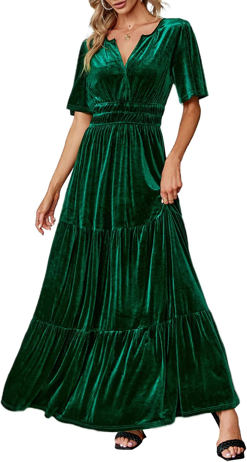 Elegant Velvet V Neck Maxi Dress for Formal Wedding Guests