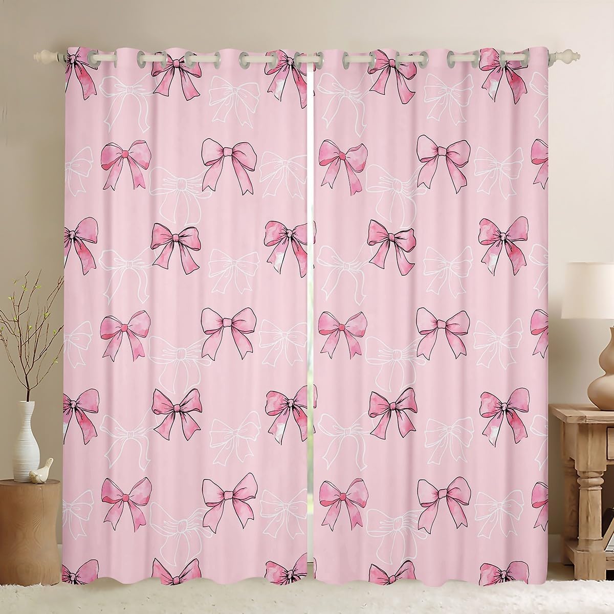 Sweet Bow Tie Princess Curtains for Girls - 2 Panels 52x84 - Erosebridal