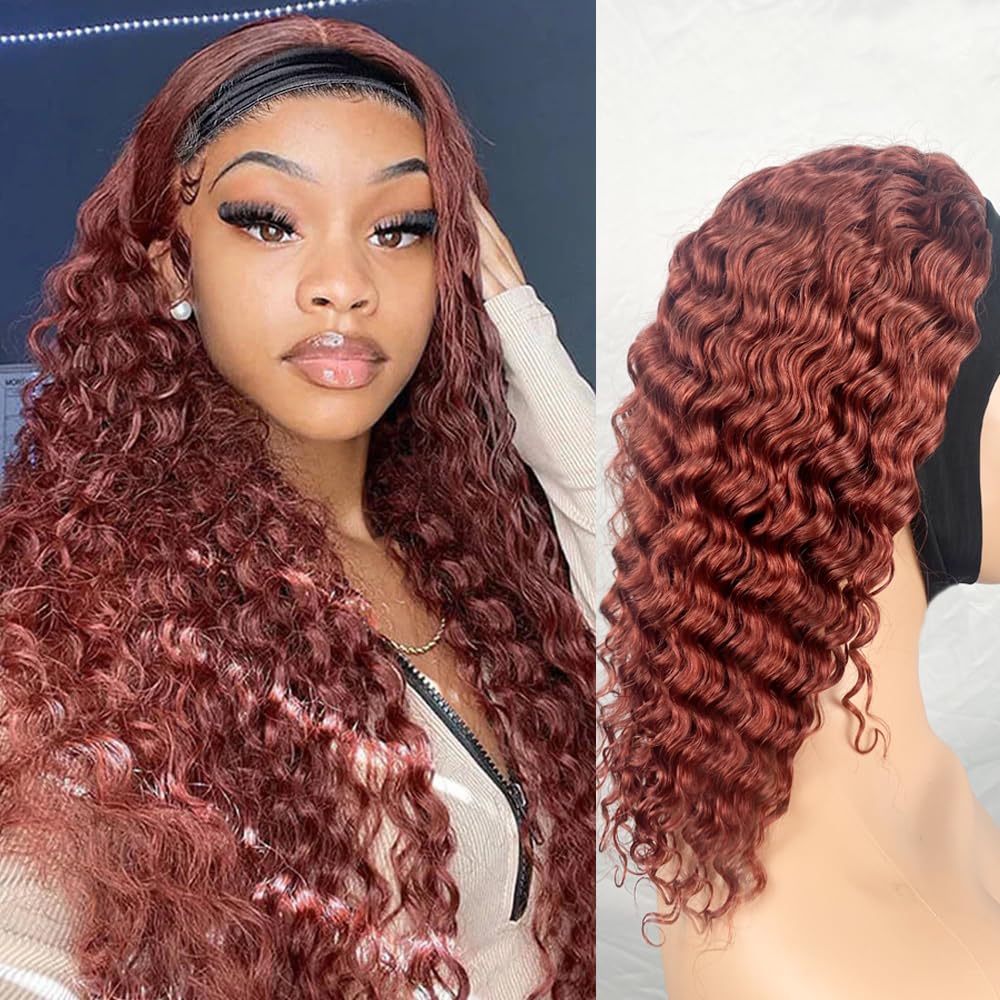 XSY Reddish Brown Headband Wig Human Hair Deep Wave Style