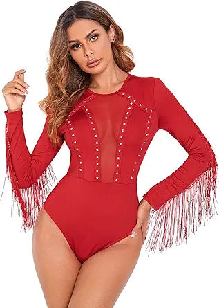 SweatyRocks Women's Cold Shoulder Fringe Long Sleeve Jumpsuit