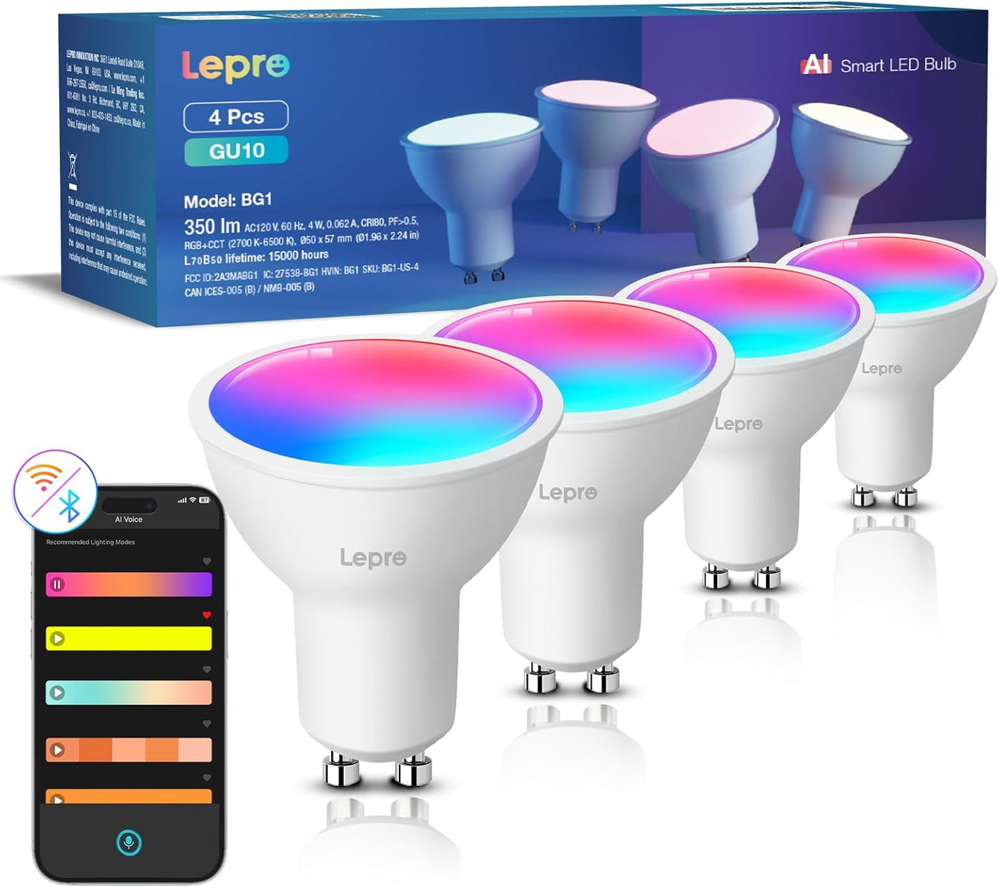 Lepro BG1 AI GU10 Smart Bulb - Dimmable Color Changing LED