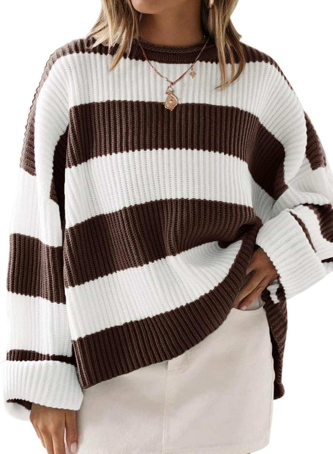 ZESICA Women's Oversized Striped Color Block Sweater for Fall