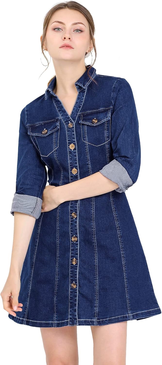 Allegra K Women's Denim Dress with Button Down Collar and V Neck