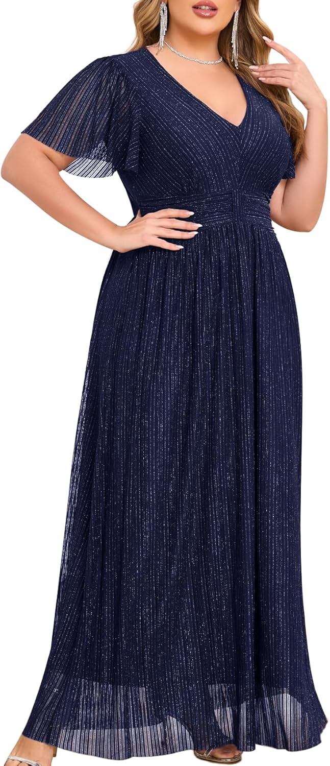 Plus Size Maxi Formal Dress with Sparkly V-Neck and Ruffle Sleeves