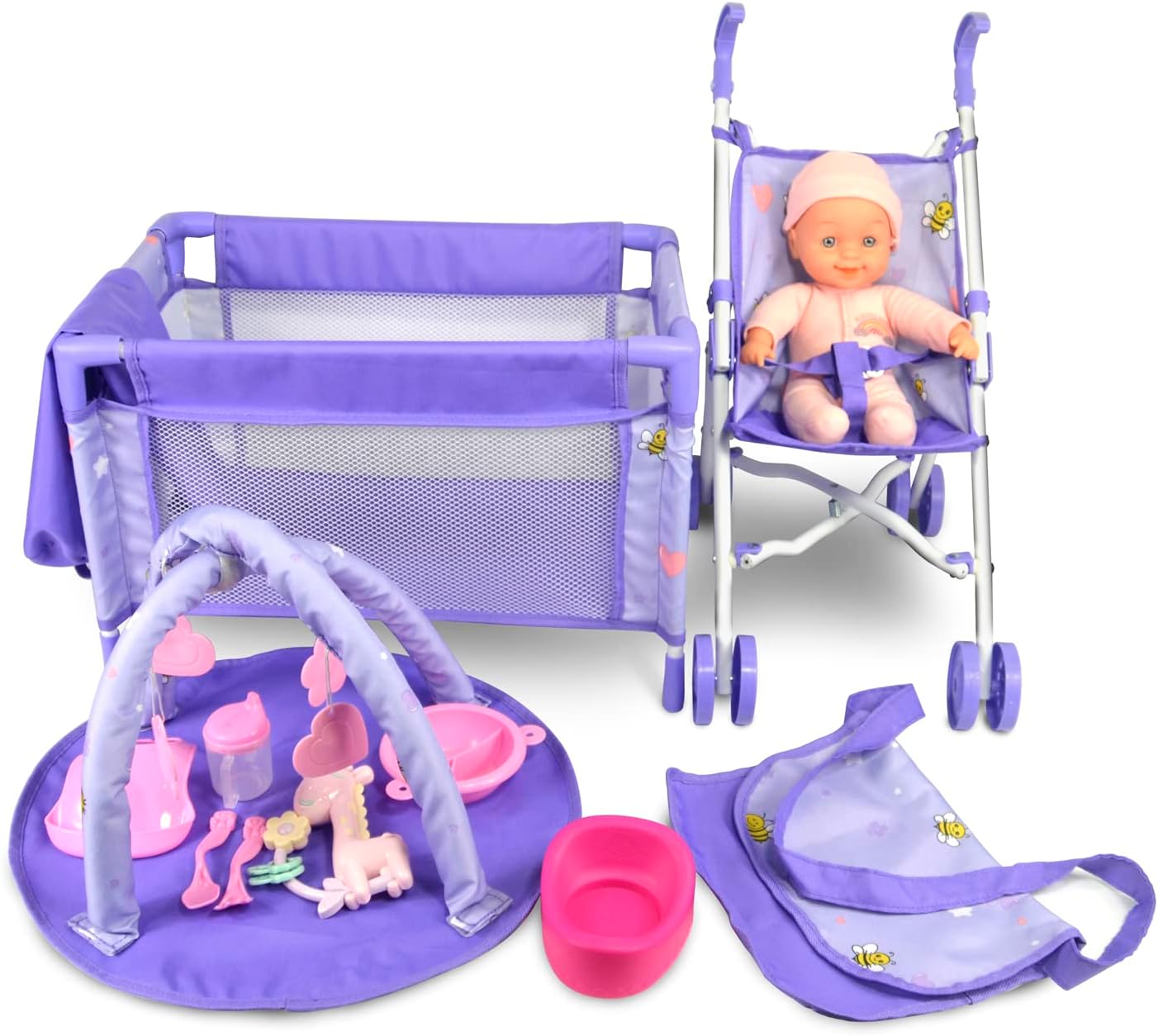 ANIVIA Baby Doll Stroller Set with Crib and Feeding Accessories
